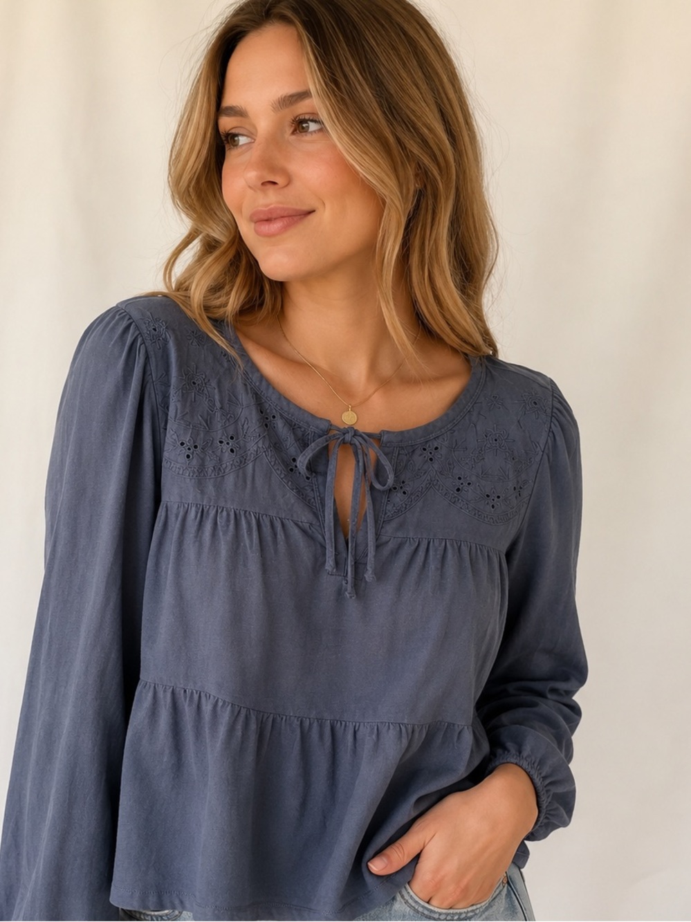 Lucky Brand Blue Embroidered Eyelet Babydoll Top NWT Medium Boho